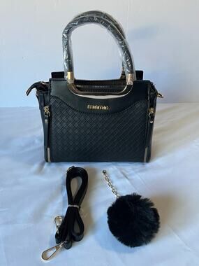 New Minmin Black Woven Faux Leather Satchel Crossbody Handbag Pom Pom Purse